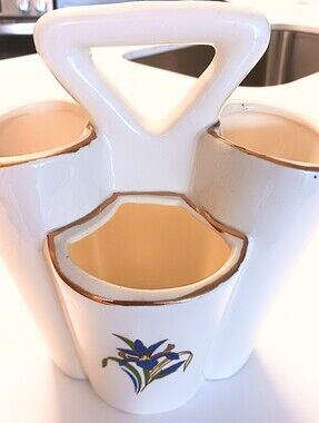 VINTAGE Ceramic Caddy With 4 Compartments Floral Pattern Beige Gold Trim